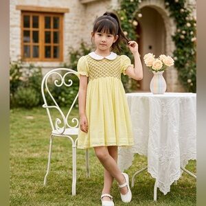 Smockingbird Smocked Dress Toddler Girl’s 3T Yellow Swiss Dot Collar Lined
